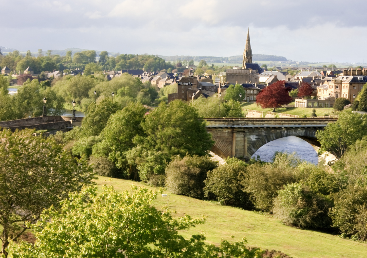 Kelso in the Scottish Borders with a bridge and river.